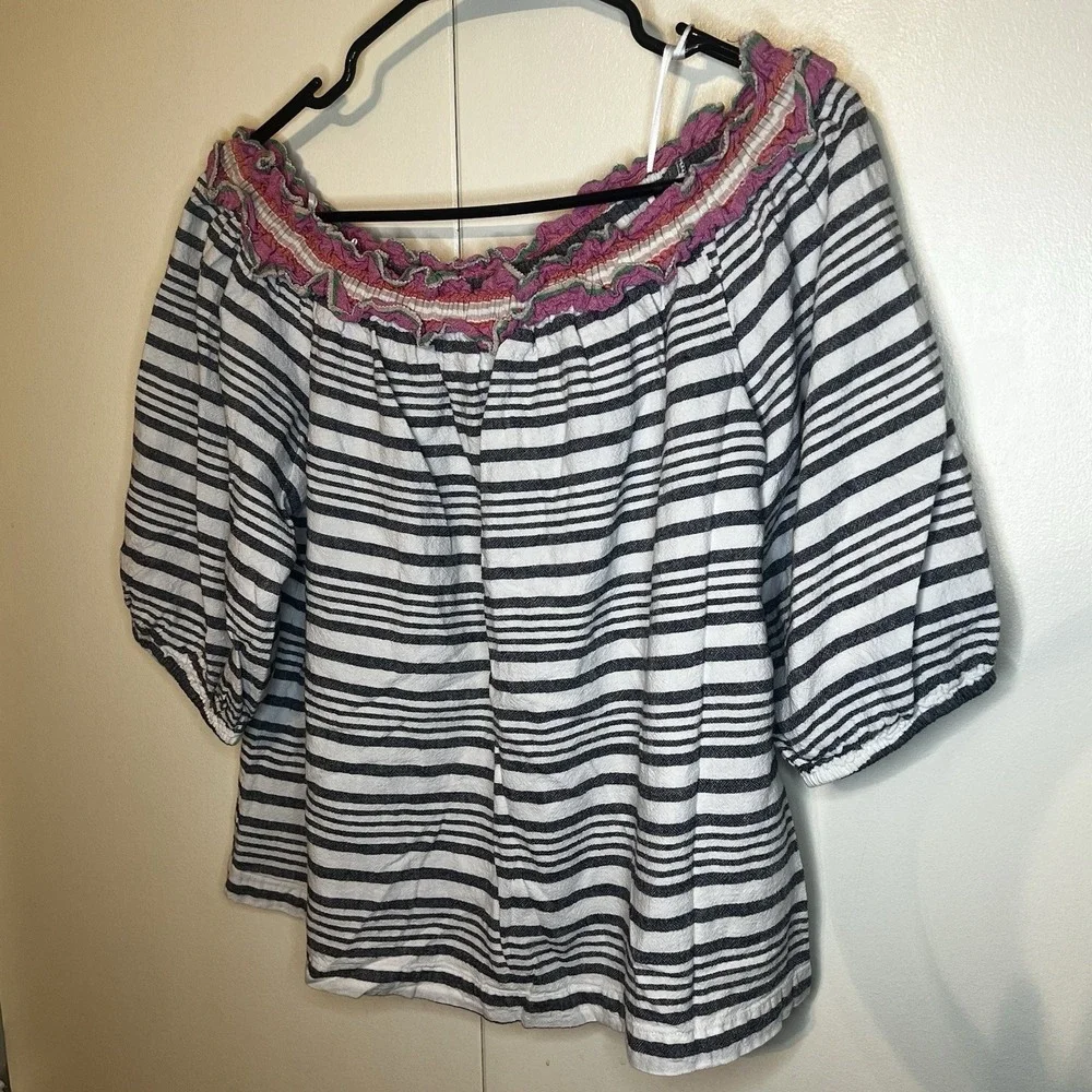Trina Turk Women's Size Large Off The Shoulder Top Striped Vacation Travel Shirt
